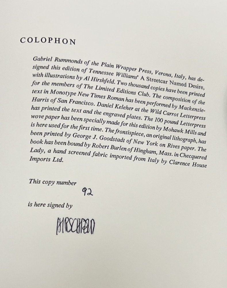 25% Off Summer Sale!!  Tennessee Williams - A Streetcar Named Desire - Signed & Numbered 1982 - Limited Edition Club