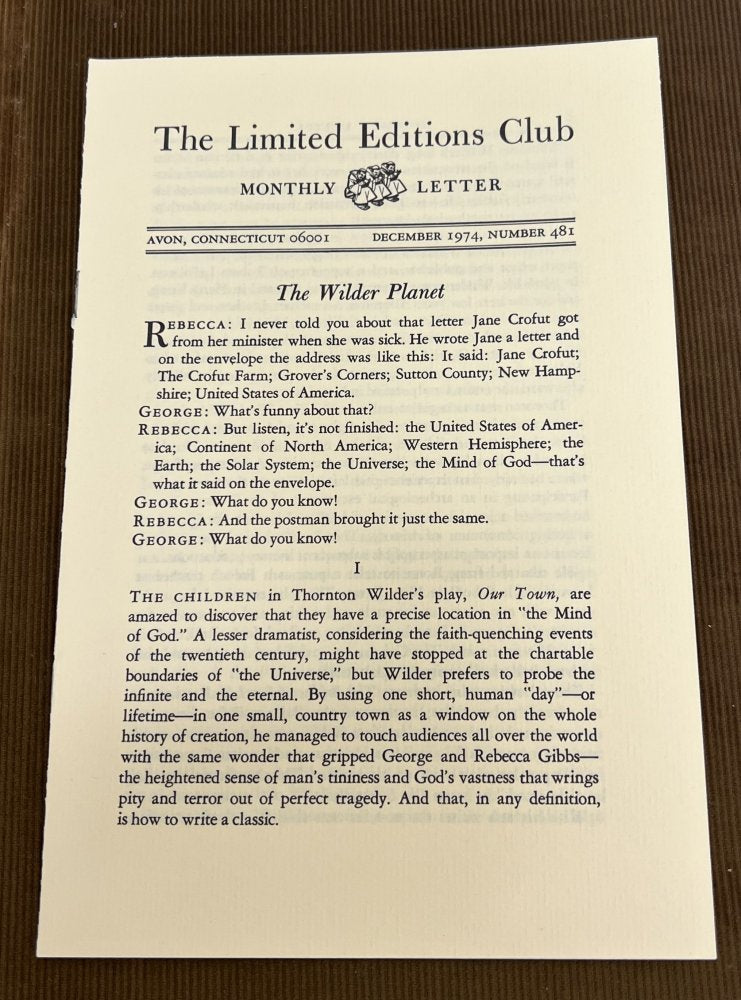 Thornton Wilder - Our Town - Signed & Numbered 1974 - Limited Edition Club