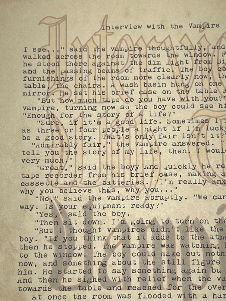 Autographed Typescript - Anne Rice - Interview With The Vampire -