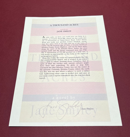 Autographed Typescript - Jane Smiley - A THOUSAND ACRES - Pulitzer Prize winner -