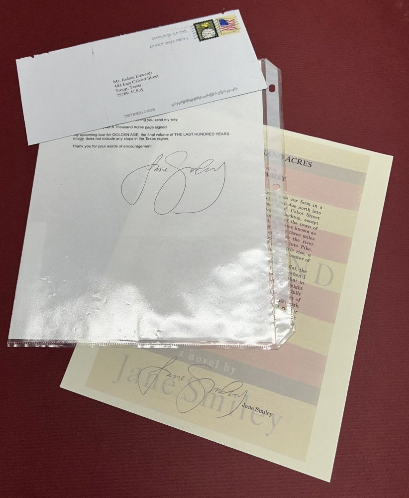 Autographed Typescript - Jane Smiley - A THOUSAND ACRES - Pulitzer Prize winner -