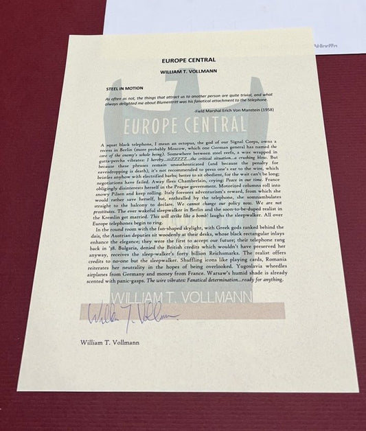 Autographed Typescript - William T. Vollman - EUROPE CENTRAL - National Book Award winner -