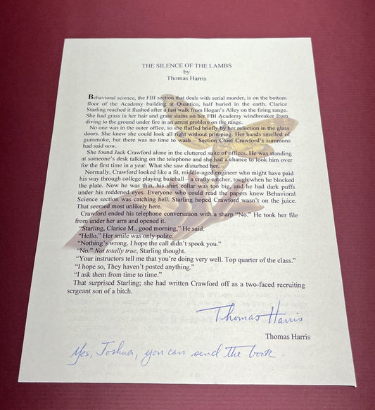 Autographed Typescript - Thomas Harris - THE SILENCE OF THE LAMBS