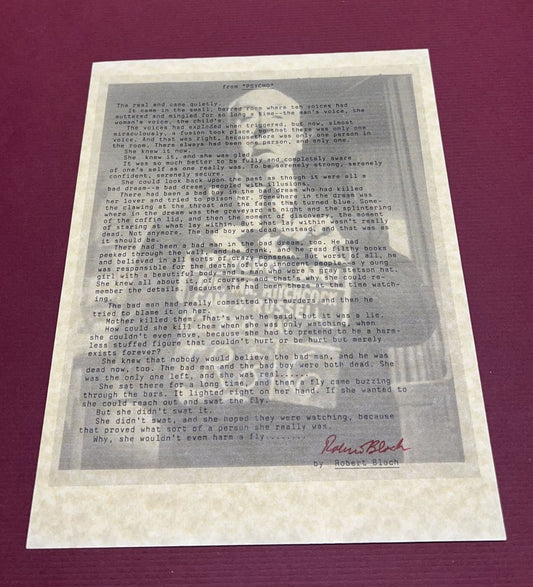 Autographed Typescript - Robert Bloch - PSYCHO -