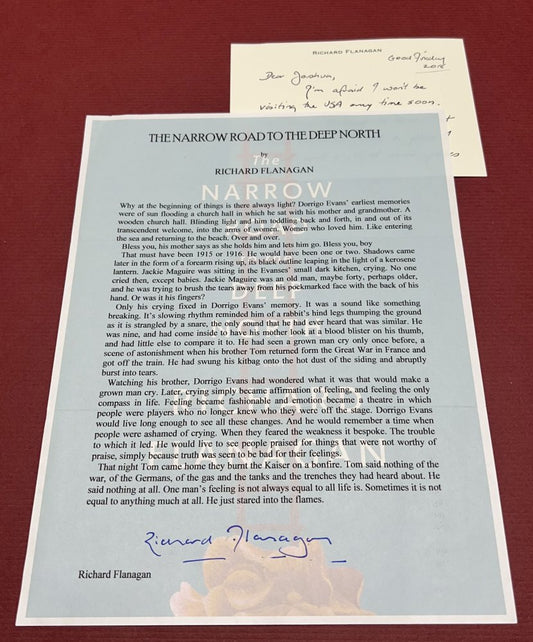 Autographed Typescript - Richard Flanagan - THE NARROW ROAD TO THE DEEP NORTH - Booker Prize winner
