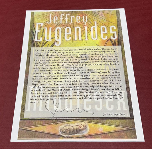 Autographed Typescript - Jeffrey Eugenides - MIDDLESEX - Pulitzer Prize winner
