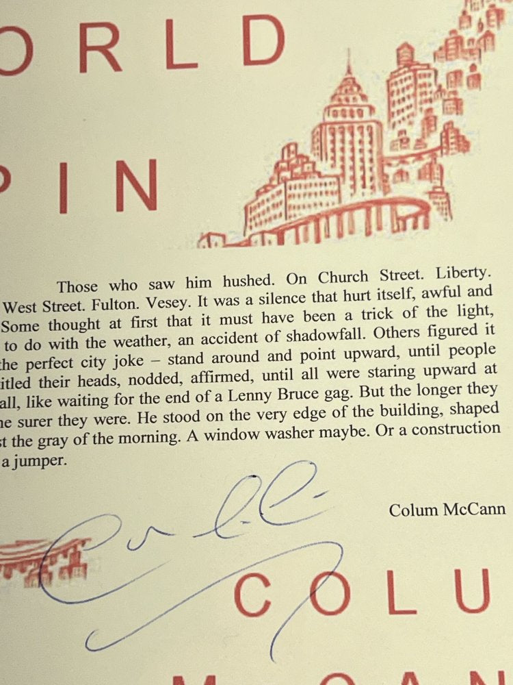 Autographed Typescript - Colum McCann - Let The Great World Spin  - National Book Award winner -