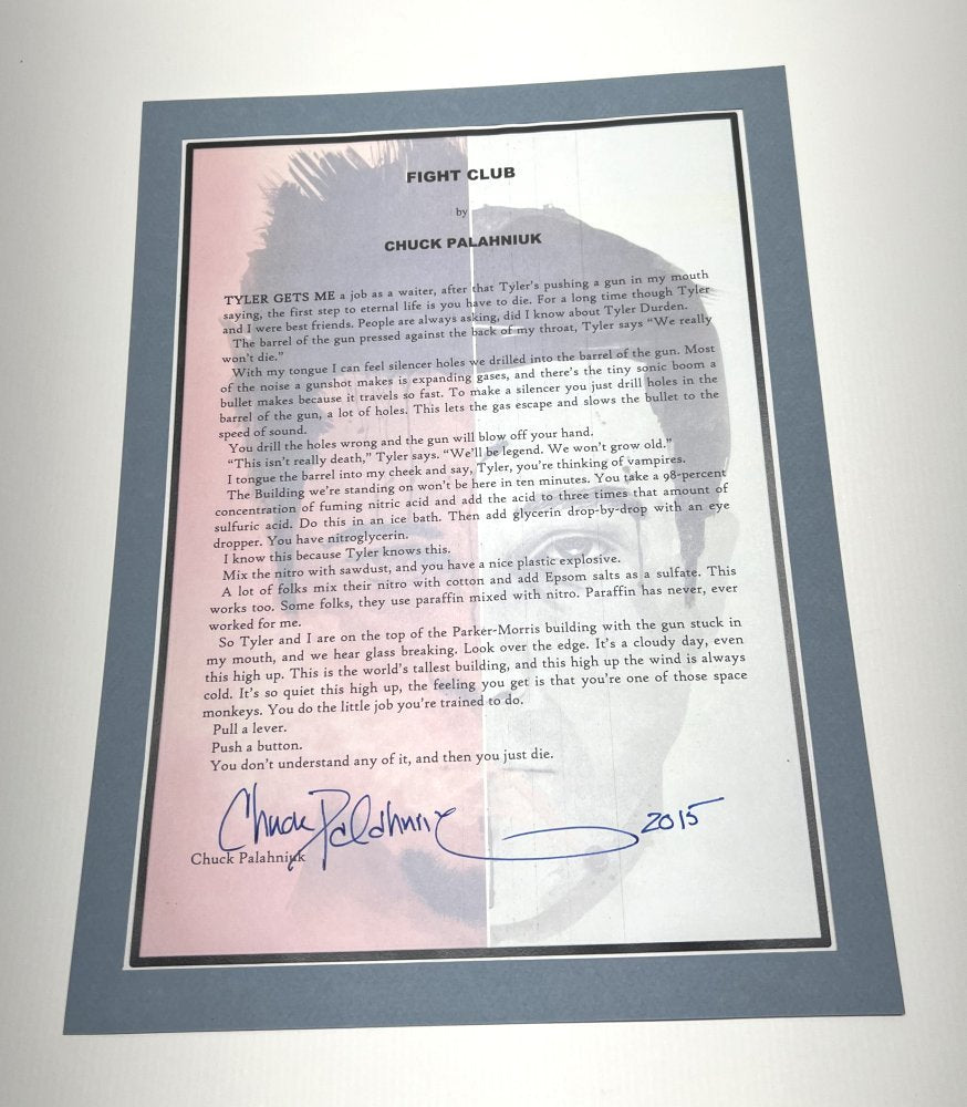 Autographed Typescript - Chuck Palahniuk - FIGHT CLUB -