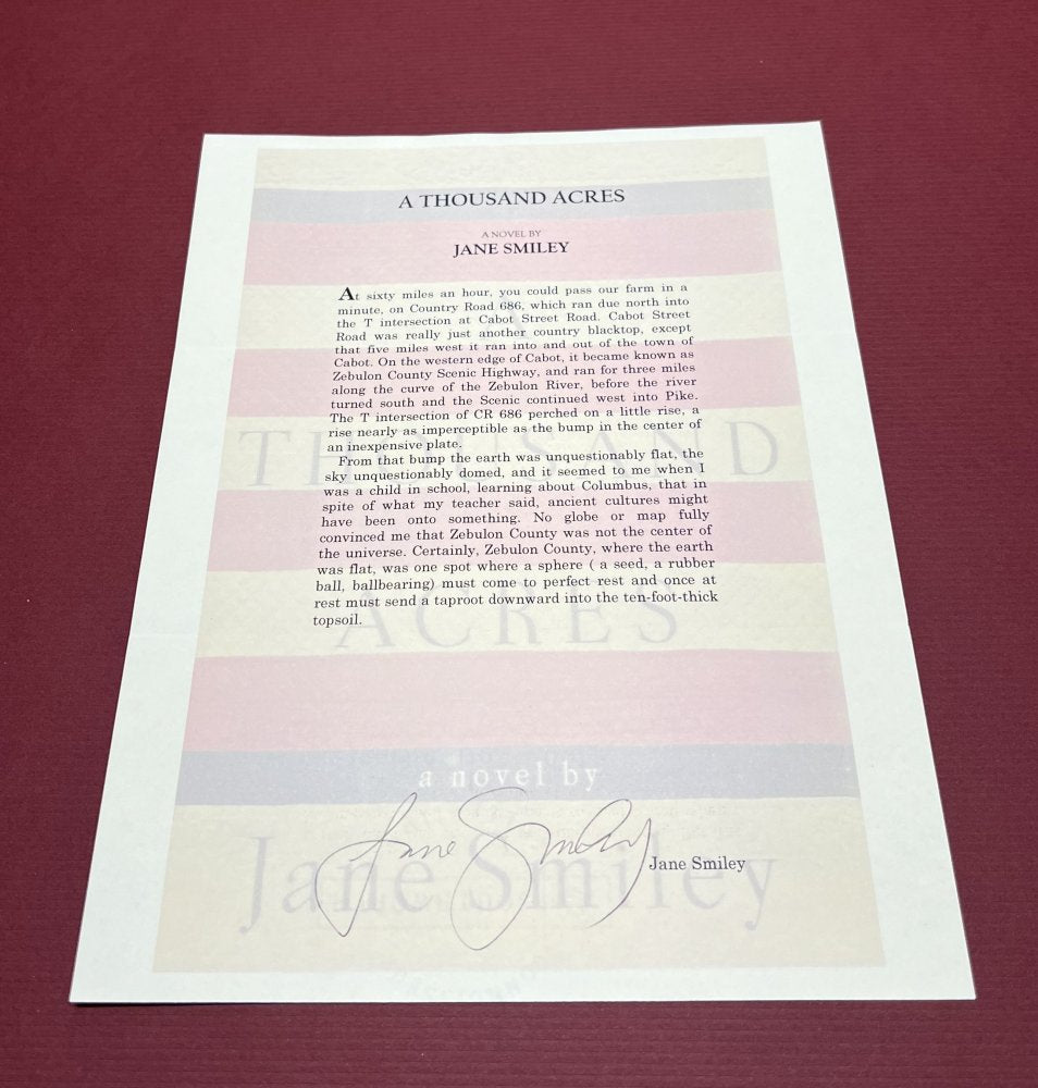 Autographed Typescript - Jane Smiley - A THOUSAND ACRES  - Pulitzer Prize winner -