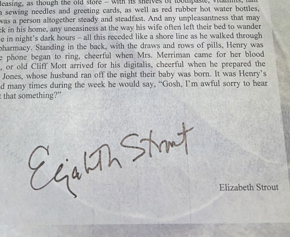 Autographed Typescript - Elizabeth Strout - OLIVE KITTERIDGE - Pulitzer Prize winner
