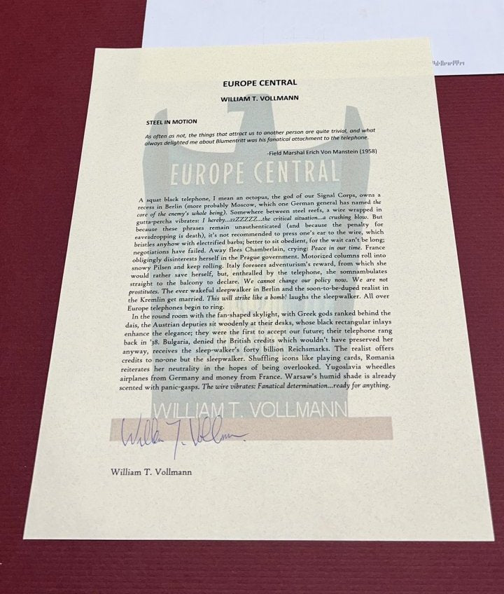 Autographed Typescript - William T. Vollman  -  EUROPE CENTRAL  -  National Book Award winner -