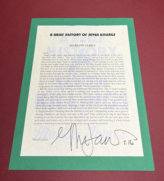 Autographed Typescript - Marlon James - A BRIEF HISTORY OF SEVEN KILLINGS - Booker Prize Winner -