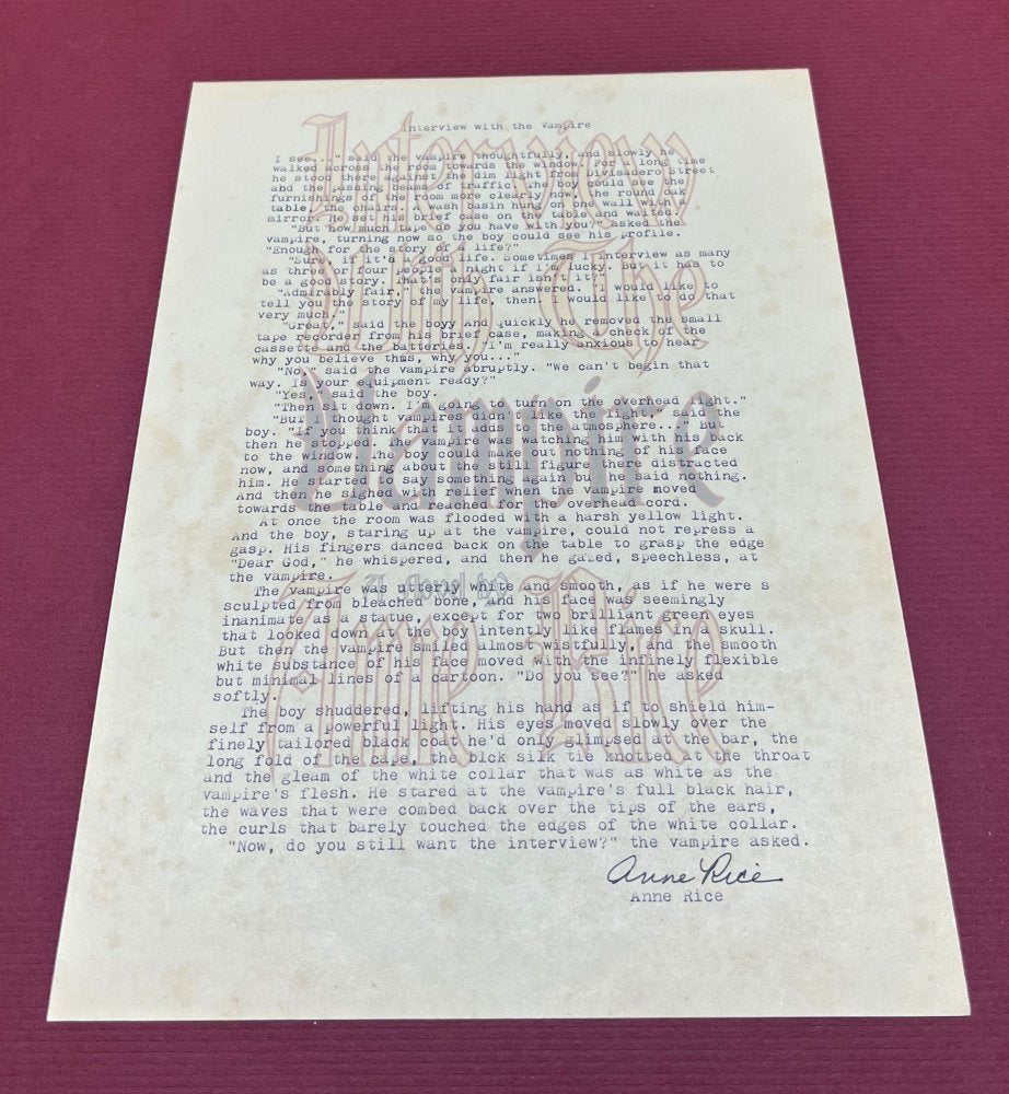 Autographed Typescript - Anne Rice - Interview With The Vampire -