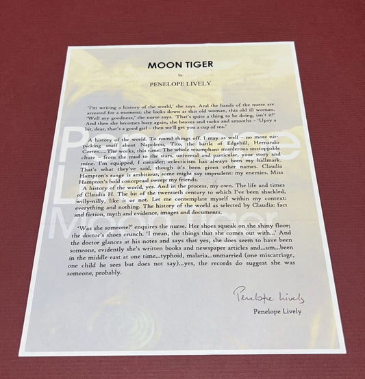 Autographed Typescript - Penelope Lively -  MOON TIGER - Booker Prize winner