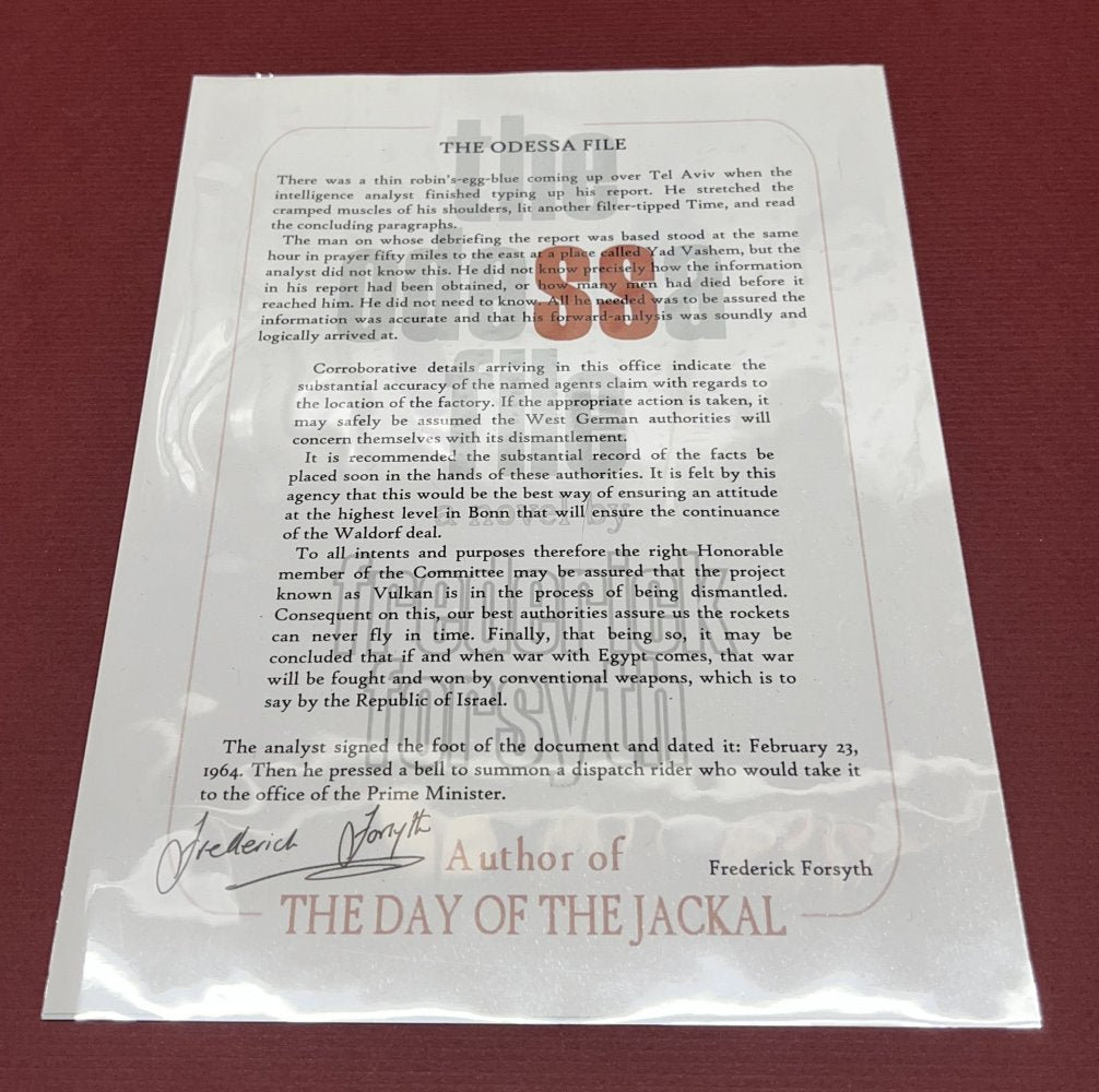 Autographed Typescript - Frederick Forsyth  - THE ODESSA FILE  -