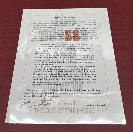 Autographed Typescript - Frederick Forsyth  - THE ODESSA FILE  -