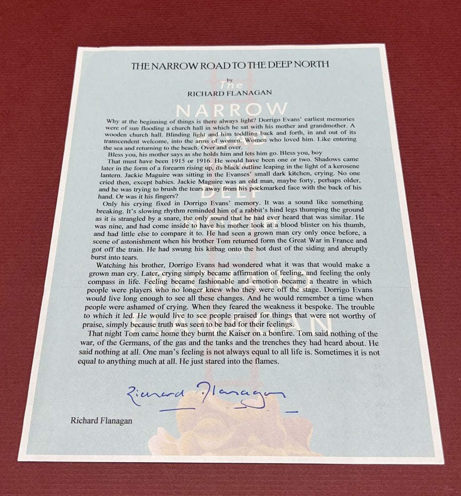 Autographed Typescript - Richard Flanagan - THE NARROW ROAD TO THE DEEP NORTH - Booker Prize winner
