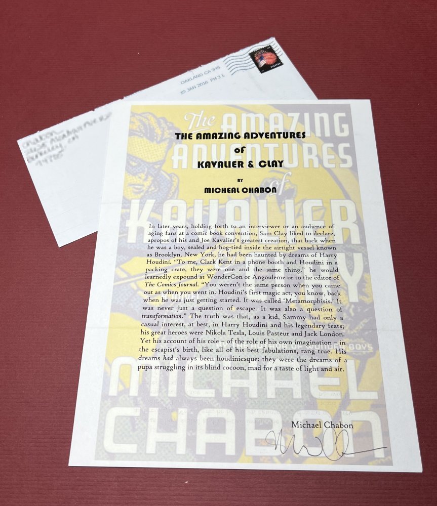 Autographed Typescript - Michael Chabon - THE AMAZING ADVENTURES OF KAVALIER AND CLAY - Pulitzer Prize winner