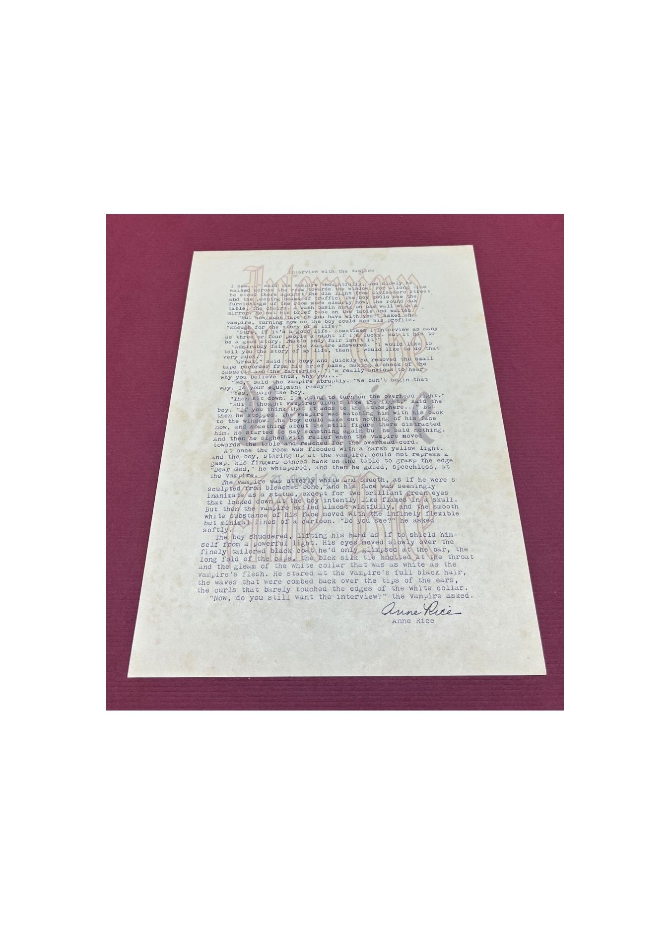 Autographed Typescript - Anne Rice - Interview With The Vampire -