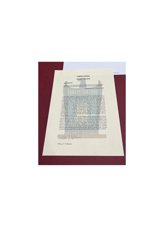 Autographed Typescript - William T. Vollman  -  EUROPE CENTRAL  -  National Book Award winner -