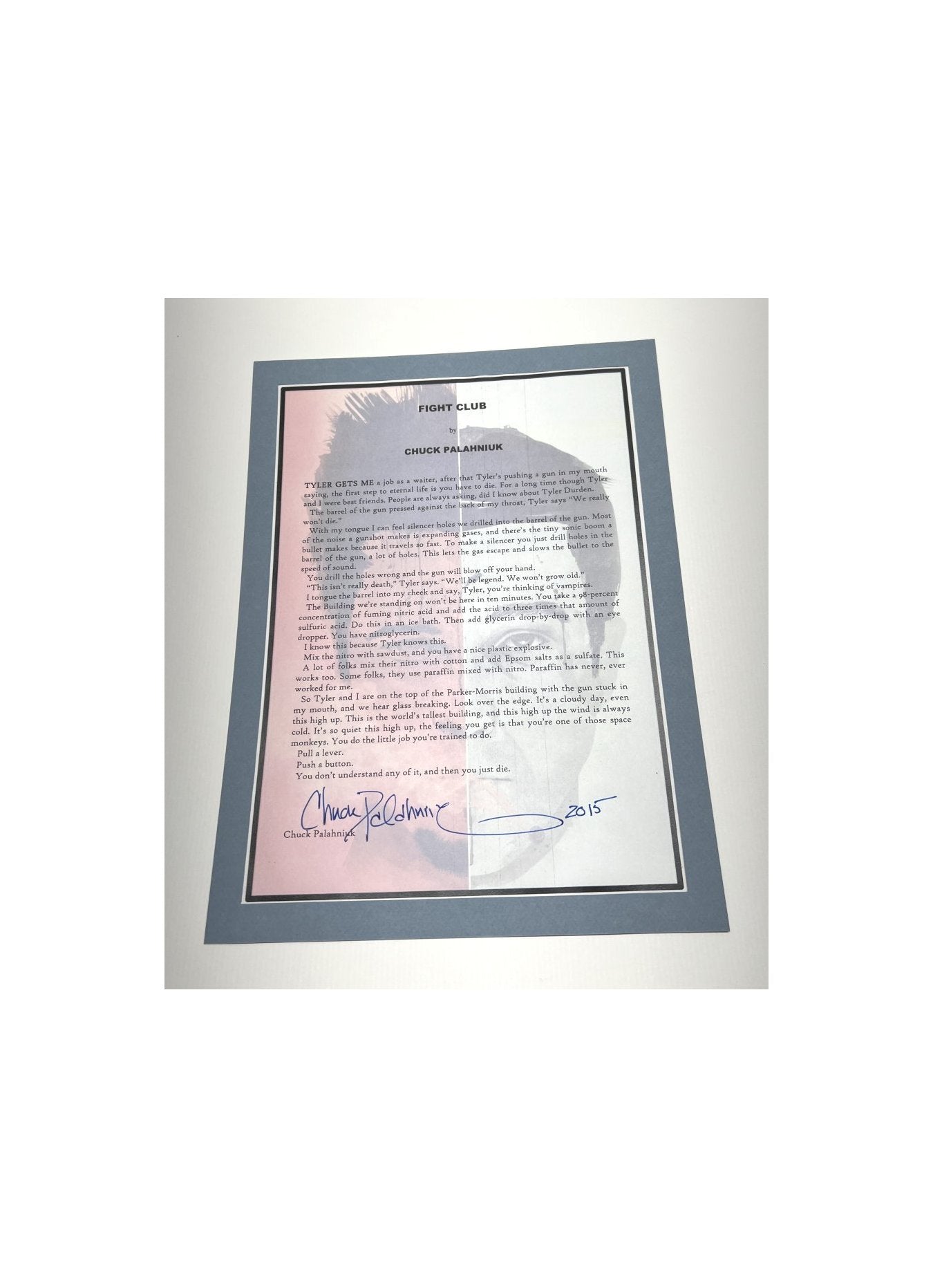 Autographed Typescript - Chuck Palahniuk - FIGHT CLUB -