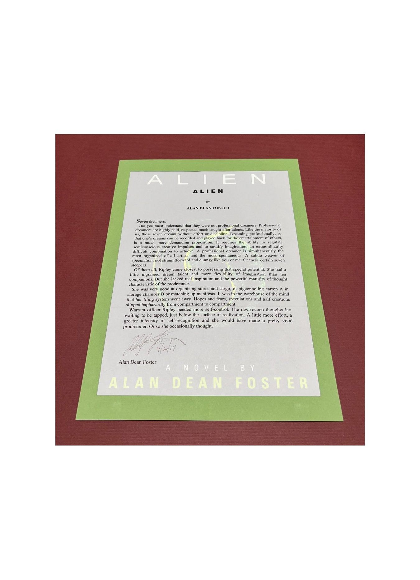 Autographed Typescript - Alan Dean Foster - ALIEN