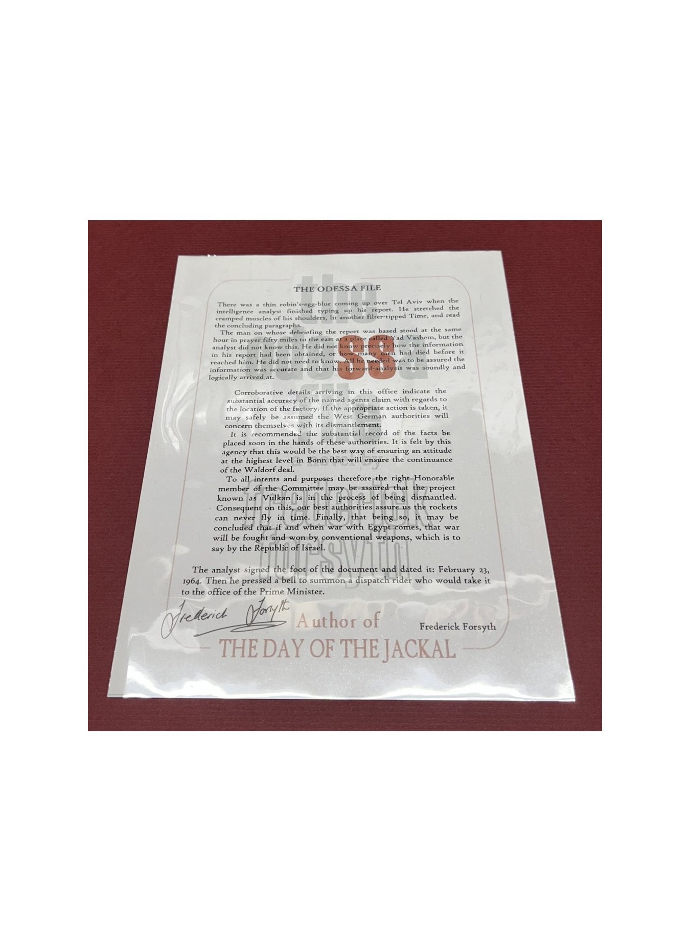 Autographed Typescript - Frederick Forsyth  - THE ODESSA FILE  -