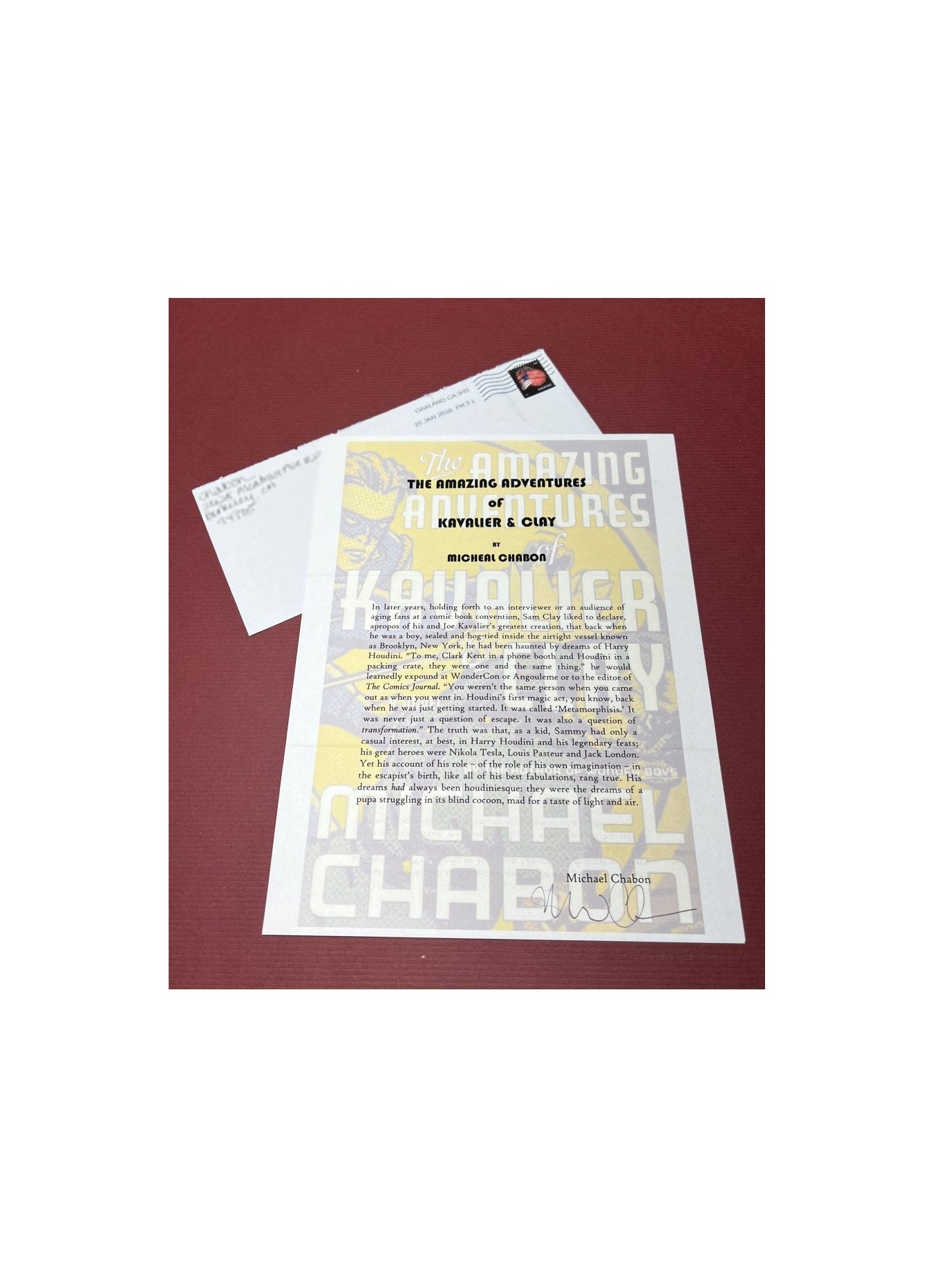 Autographed Typescript - Michael Chabon - THE AMAZING ADVENTURES OF KAVALIER AND CLAY - Pulitzer Prize winner