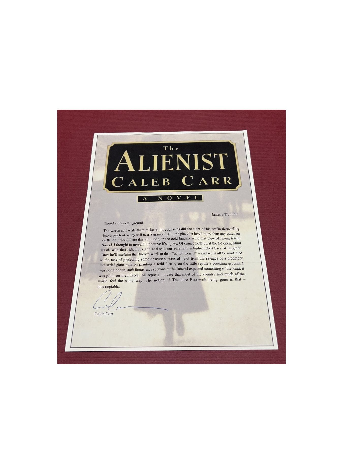 Autographed Typescript - Caleb Carr  - THE ALIENIST  -