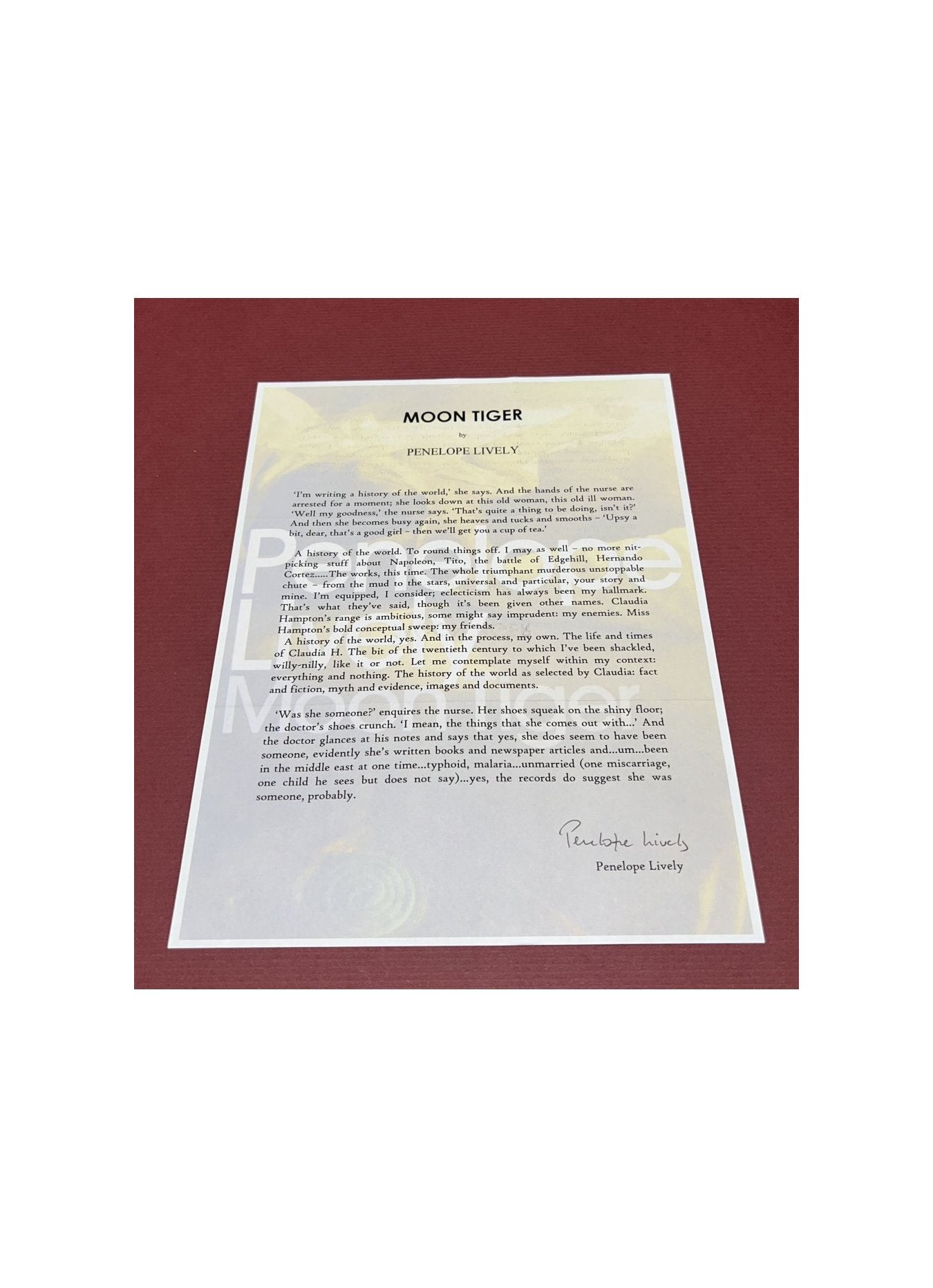 Autographed Typescript - Penelope Lively -  MOON TIGER - Booker Prize winner