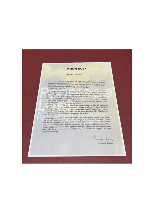 Autographed Typescript - Penelope Lively -  MOON TIGER - Booker Prize winner