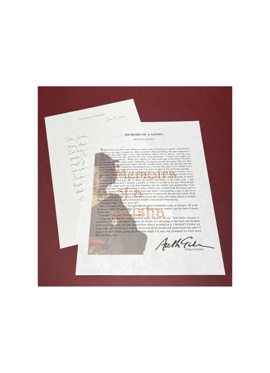 Autographed Typescript - Arthur Golden - MEMOIRS OF A GEISHA -