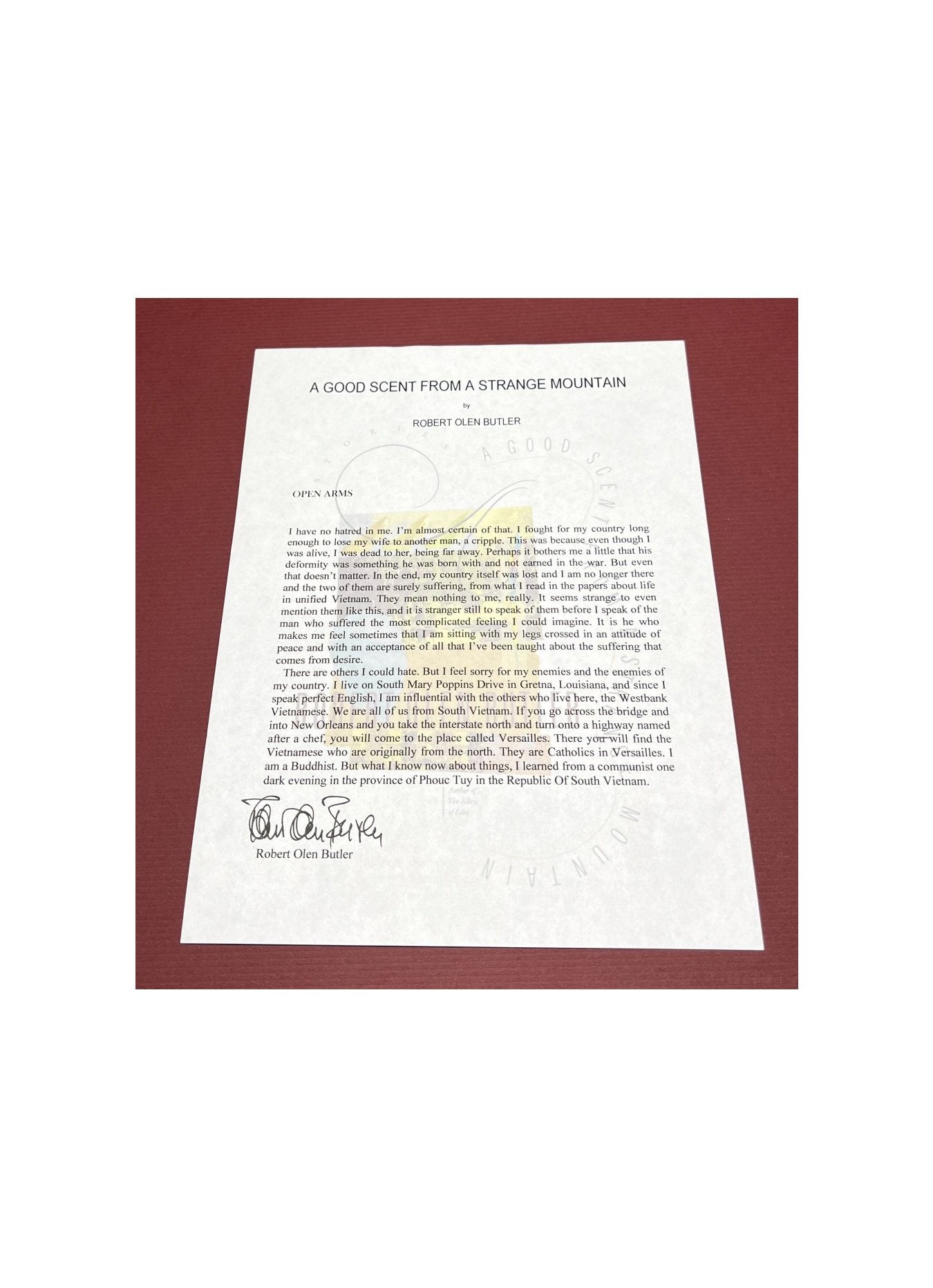 Autographed Typescript - Robert Olen Butler - GOOD SCENT FROM A STRANGE MOUNTAIN - Pulitzer Prize winner-