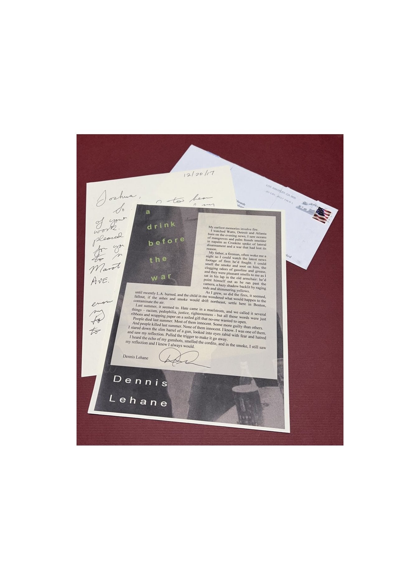 Autographed Typescript - Dennis Lehane - A DRINK BEFORE THE WAR -